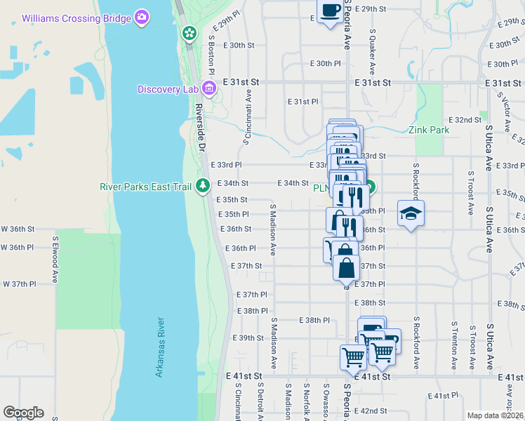 map of restaurants, bars, coffee shops, grocery stores, and more near 241 East 35th Place in Tulsa