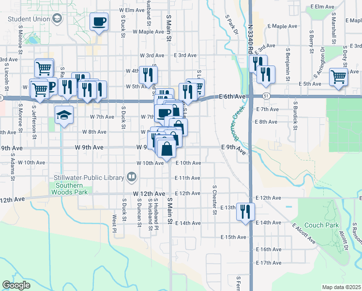 map of restaurants, bars, coffee shops, grocery stores, and more near in Stillwater