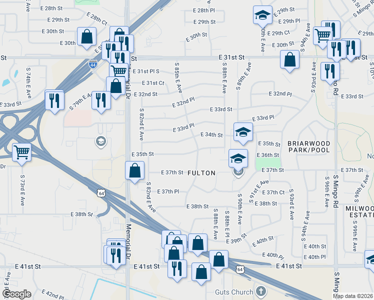 map of restaurants, bars, coffee shops, grocery stores, and more near 8287 East 35th Street in Tulsa