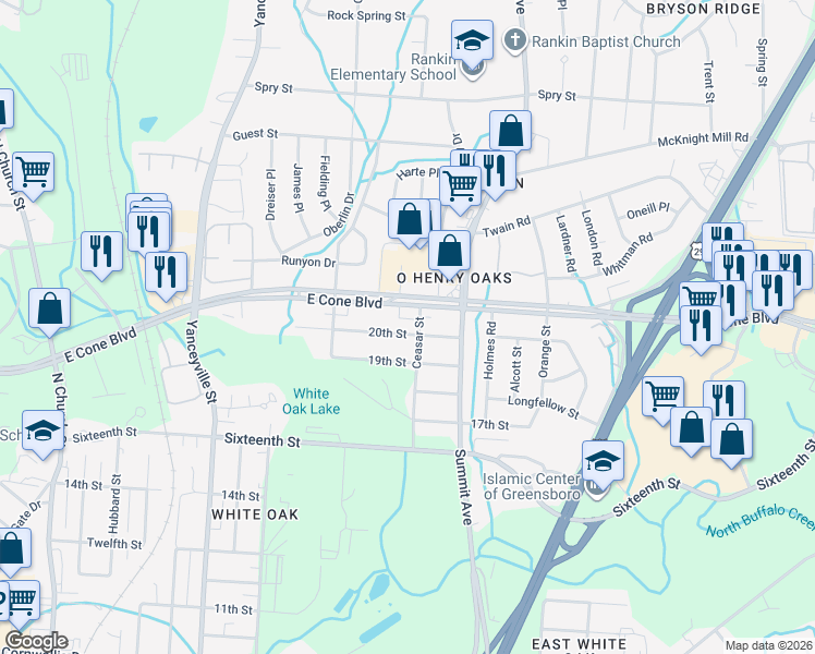 map of restaurants, bars, coffee shops, grocery stores, and more near 1423 20th Street in Greensboro
