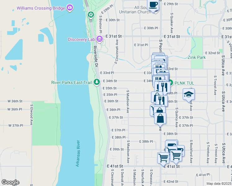 map of restaurants, bars, coffee shops, grocery stores, and more near 207 East 35th Place in Tulsa