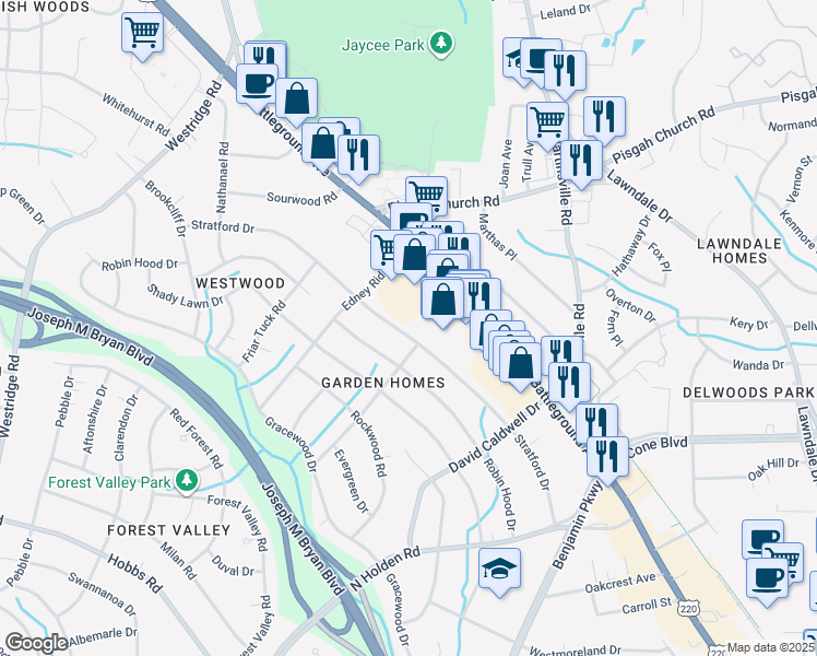 map of restaurants, bars, coffee shops, grocery stores, and more near 2804 Stratford Drive in Greensboro