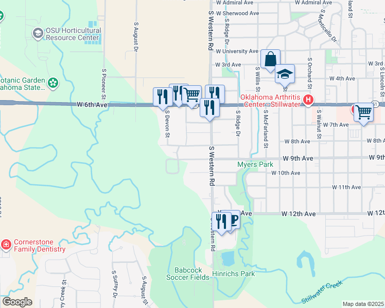 map of restaurants, bars, coffee shops, grocery stores, and more near 2404 West 9th Avenue in Stillwater