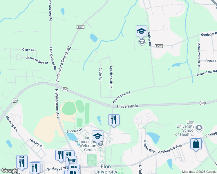 map of restaurants, bars, coffee shops, grocery stores, and more near 634 Spanish Oak Road in Elon