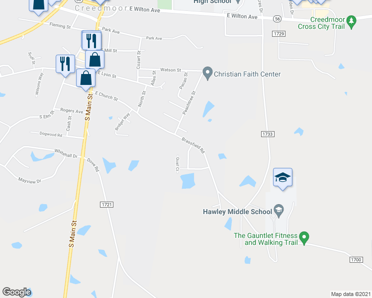 map of restaurants, bars, coffee shops, grocery stores, and more near 404 Hunters Ridge Drive in Creedmoor