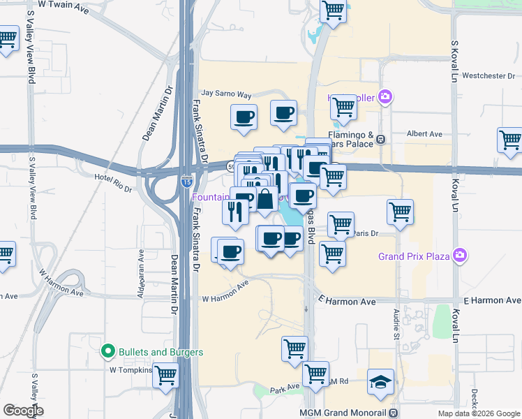 map of restaurants, bars, coffee shops, grocery stores, and more near 3600 South Las Vegas Boulevard in Las Vegas