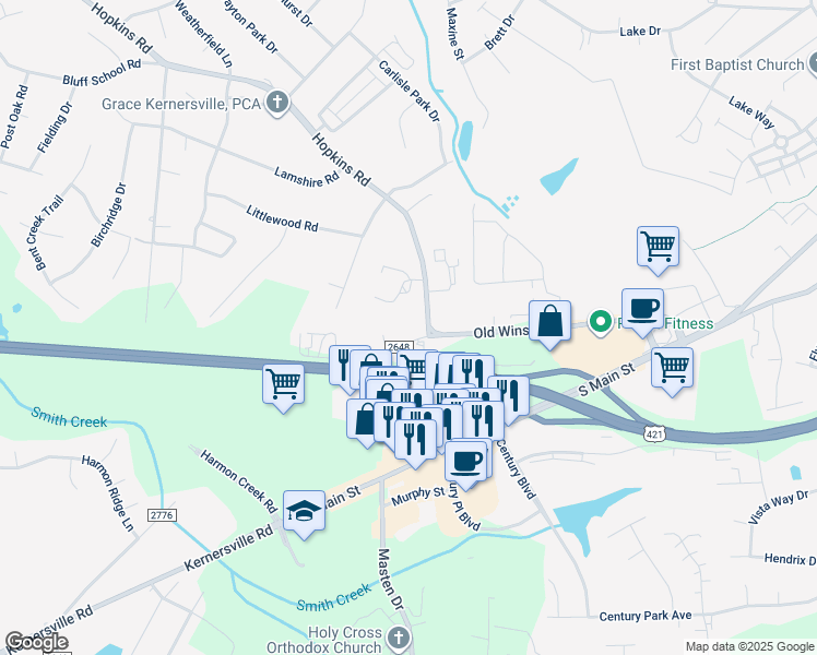 map of restaurants, bars, coffee shops, grocery stores, and more near 900 Old Winston Road in Kernersville
