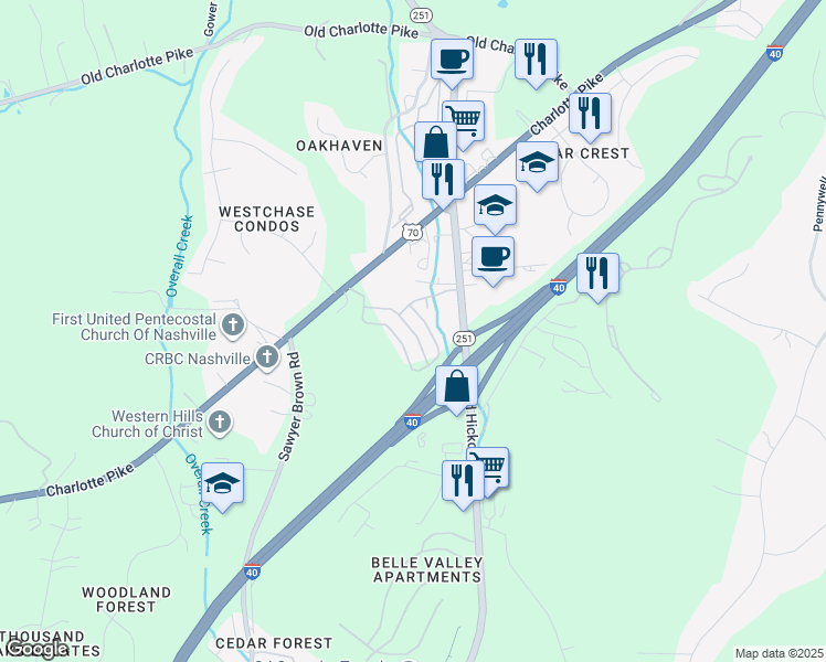 map of restaurants, bars, coffee shops, grocery stores, and more near 645 Old Hickory Boulevard in Nashville