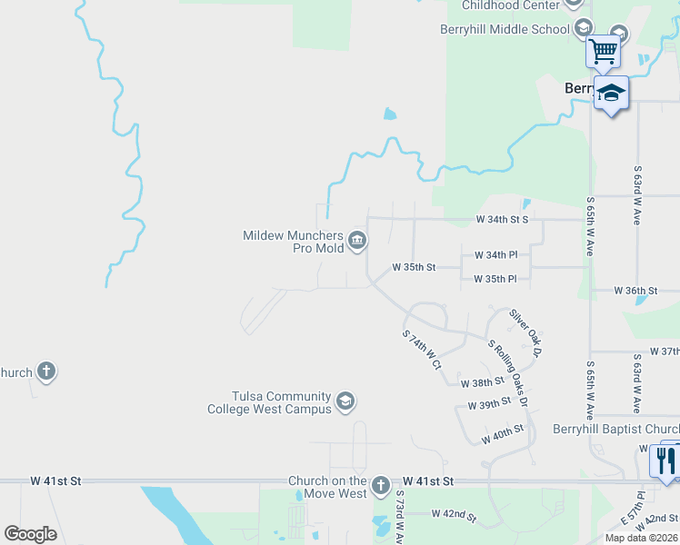 map of restaurants, bars, coffee shops, grocery stores, and more near 3435 South 75th West Avenue in Tulsa