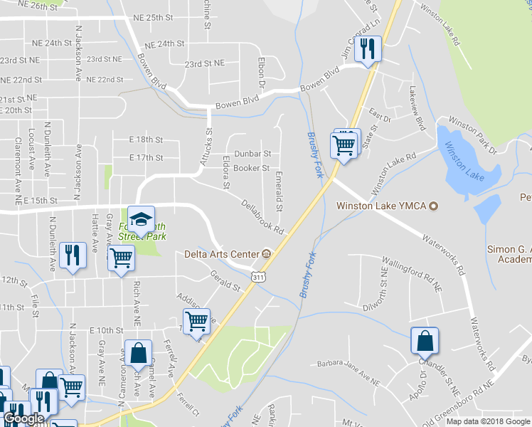 map of restaurants, bars, coffee shops, grocery stores, and more near 1409 Douglas Street in Winston-Salem