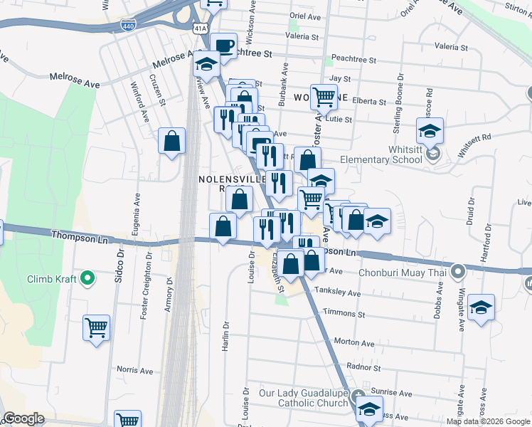 map of restaurants, bars, coffee shops, grocery stores, and more near 2801 Nolensville Pike in Nashville