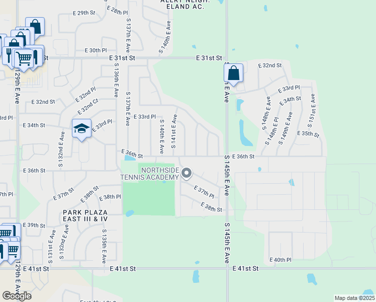 map of restaurants, bars, coffee shops, grocery stores, and more near 3371 S 142nd E Ave in Tulsa