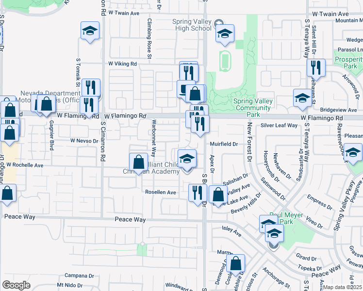 map of restaurants, bars, coffee shops, grocery stores, and more near 7885 West Flamingo Road in Las Vegas