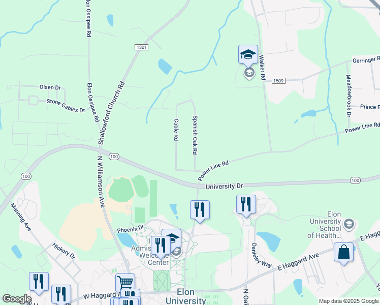 map of restaurants, bars, coffee shops, grocery stores, and more near 634 Spanish Oak Road in Elon