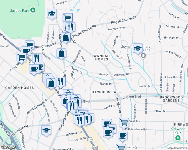 map of restaurants, bars, coffee shops, grocery stores, and more near 2215 Kery Drive in Greensboro
