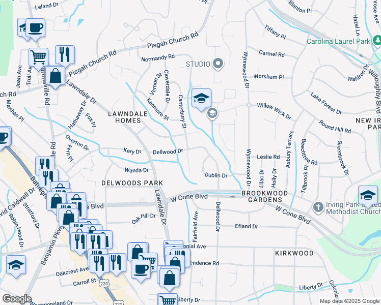map of restaurants, bars, coffee shops, grocery stores, and more near 2911 Dellwood Drive in Greensboro