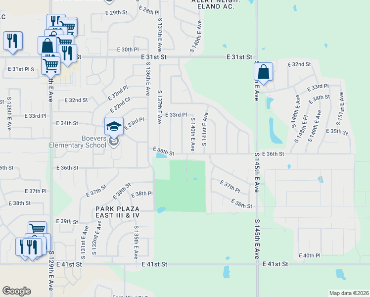 map of restaurants, bars, coffee shops, grocery stores, and more near 3365 South 139th East Avenue in Tulsa