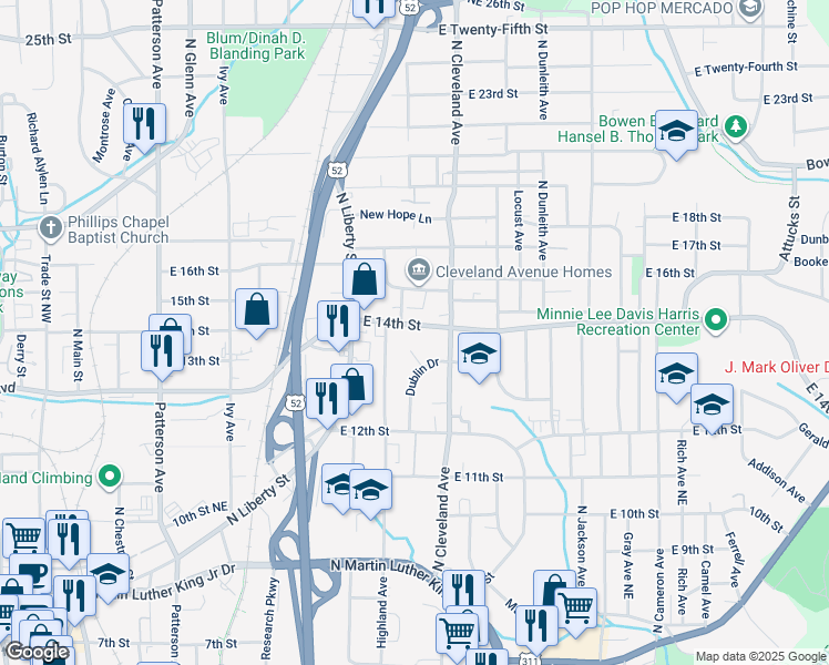map of restaurants, bars, coffee shops, grocery stores, and more near 1124 14th Street Northeast in Winston-Salem