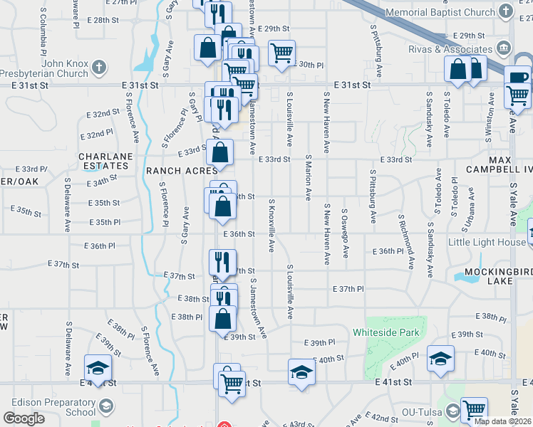 map of restaurants, bars, coffee shops, grocery stores, and more near 3524 South Knoxville Avenue in Tulsa