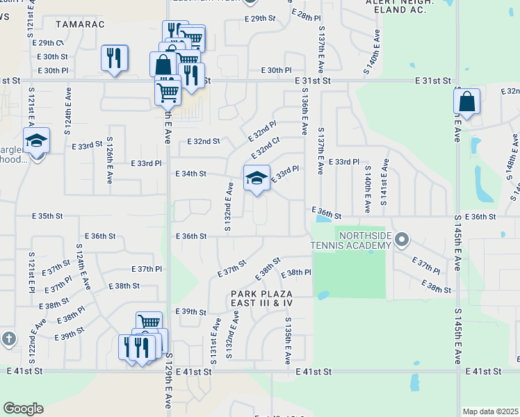 map of restaurants, bars, coffee shops, grocery stores, and more near 3433 South 133rd East Avenue in Tulsa