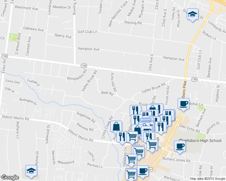 map of restaurants, bars, coffee shops, grocery stores, and more near 3511 Echo Hill Road in Nashville