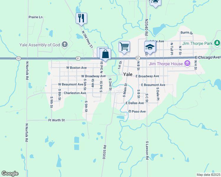 map of restaurants, bars, coffee shops, grocery stores, and more near South 2nd Street in Yale