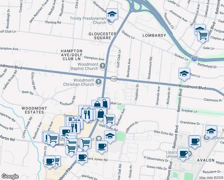 map of restaurants, bars, coffee shops, grocery stores, and more near 2025 Woodmont Boulevard in Nashville