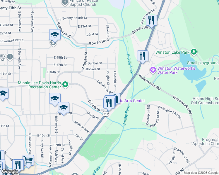 map of restaurants, bars, coffee shops, grocery stores, and more near 1409 Douglas Street in Winston-Salem