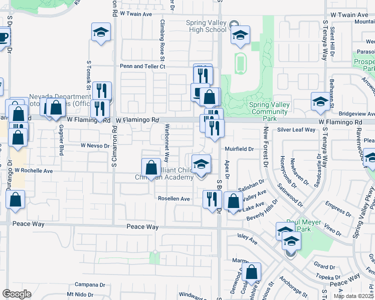 map of restaurants, bars, coffee shops, grocery stores, and more near 7885 West Flamingo Road in Las Vegas