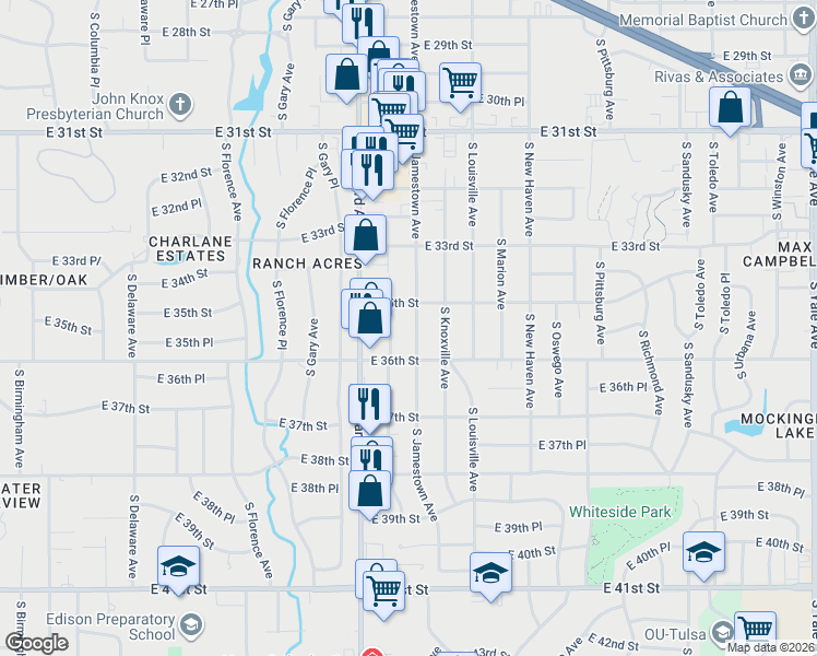 map of restaurants, bars, coffee shops, grocery stores, and more near 3524 South Jamestown Avenue in Tulsa