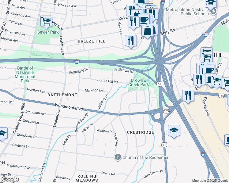 map of restaurants, bars, coffee shops, grocery stores, and more near 2914 McNairy Lane in Nashville