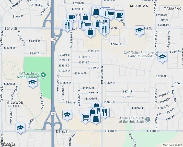 map of restaurants, bars, coffee shops, grocery stores, and more near 3429 South 111th East Avenue in Tulsa