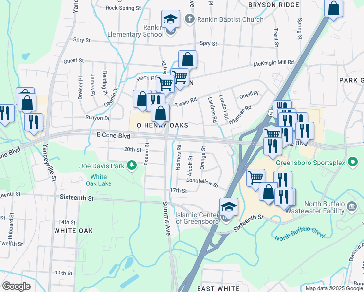 map of restaurants, bars, coffee shops, grocery stores, and more near 2902 Holmes Road in Greensboro