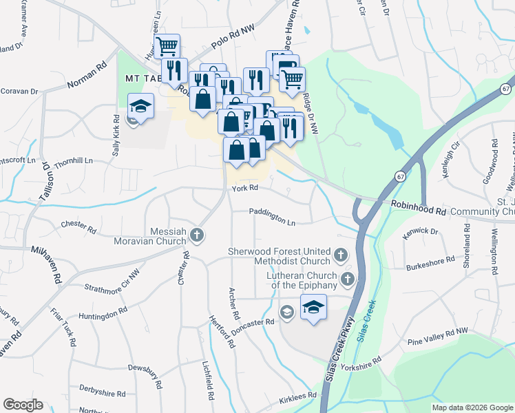 map of restaurants, bars, coffee shops, grocery stores, and more near 3351 Paddington Lane in Winston-Salem