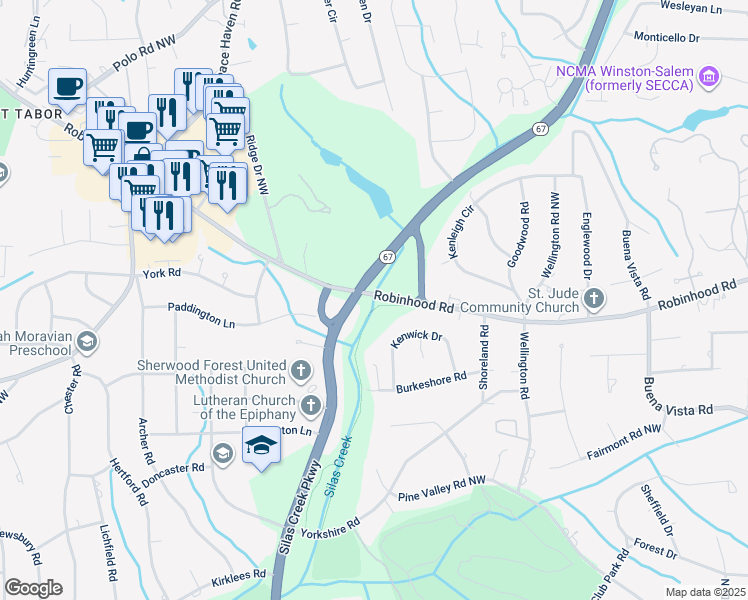 map of restaurants, bars, coffee shops, grocery stores, and more near Robinhood Road in Winston-Salem