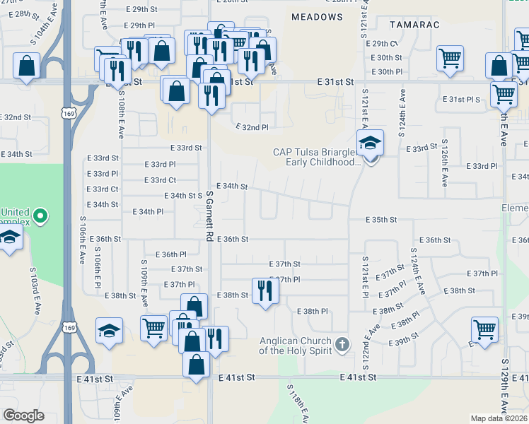 map of restaurants, bars, coffee shops, grocery stores, and more near 3435 South 116th East Avenue in Tulsa