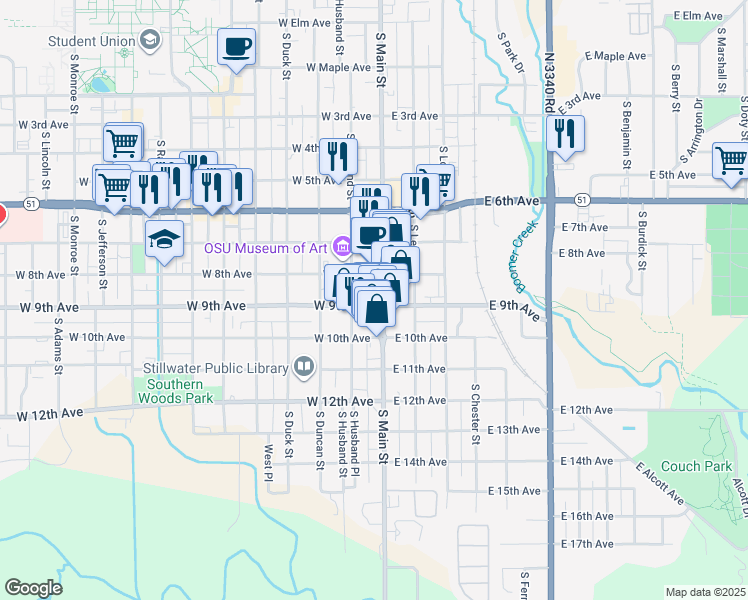 map of restaurants, bars, coffee shops, grocery stores, and more near 824 South Main Street in Stillwater