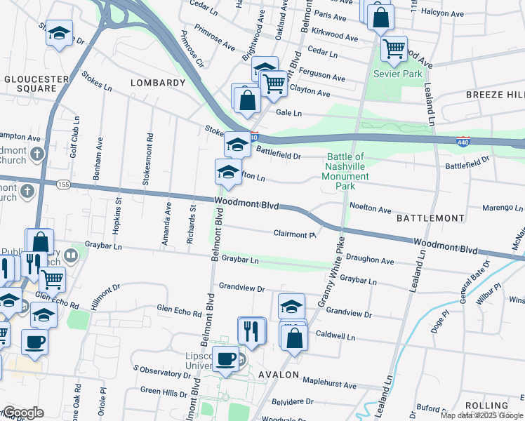 map of restaurants, bars, coffee shops, grocery stores, and more near 1503 Woodmont Boulevard in Nashville