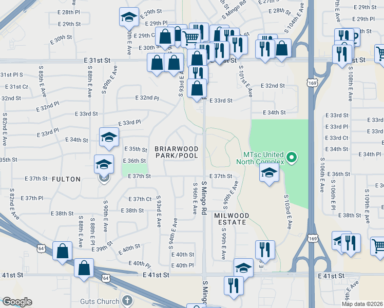 map of restaurants, bars, coffee shops, grocery stores, and more near 3440 South 96th East Avenue in Tulsa