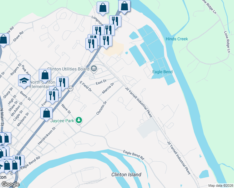 map of restaurants, bars, coffee shops, grocery stores, and more near 213 Christin Drive in Clinton