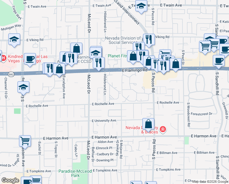 map of restaurants, bars, coffee shops, grocery stores, and more near 2048 Hildebrand Lane in Las Vegas
