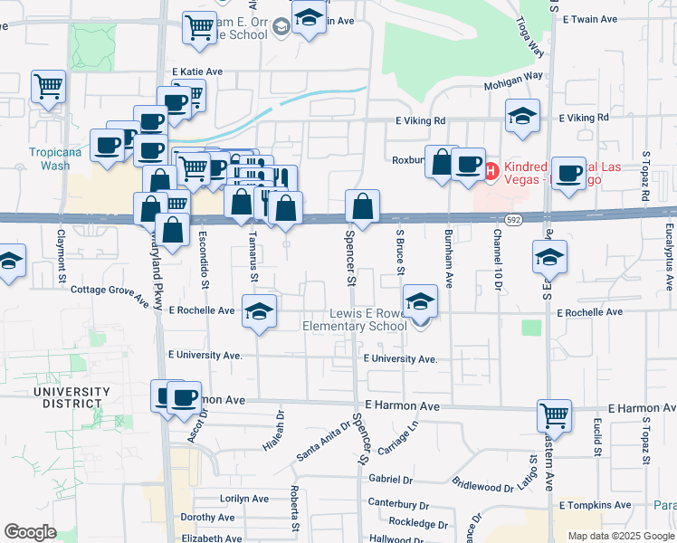 map of restaurants, bars, coffee shops, grocery stores, and more near 4225 Spencer Street in Las Vegas