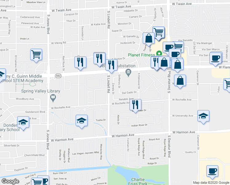 map of restaurants, bars, coffee shops, grocery stores, and more near 5403 Del Gado Drive in Las Vegas