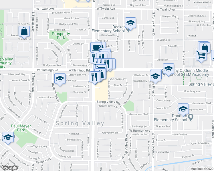 map of restaurants, bars, coffee shops, grocery stores, and more near 6785 Flora Drive in Las Vegas