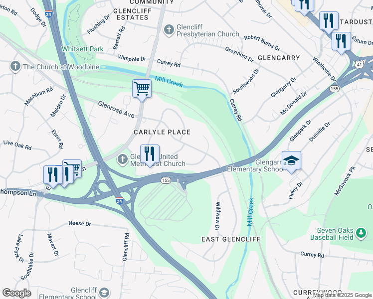 map of restaurants, bars, coffee shops, grocery stores, and more near 729 Drummond Drive in Nashville