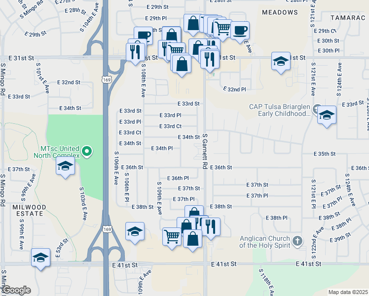 map of restaurants, bars, coffee shops, grocery stores, and more near 3429 South 111th East Avenue in Tulsa
