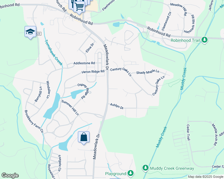 map of restaurants, bars, coffee shops, grocery stores, and more near 5461 Meadowlark Court in Winston-Salem