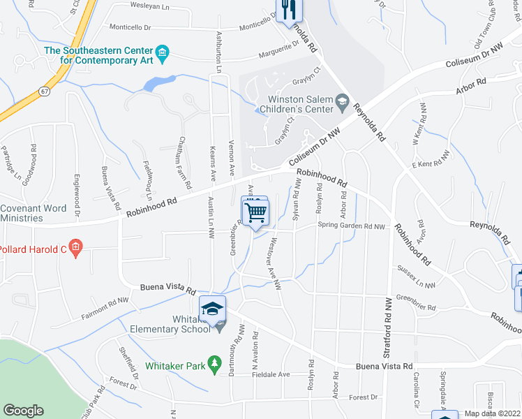 map of restaurants, bars, coffee shops, grocery stores, and more near 821 Avalon Road North in Winston-Salem