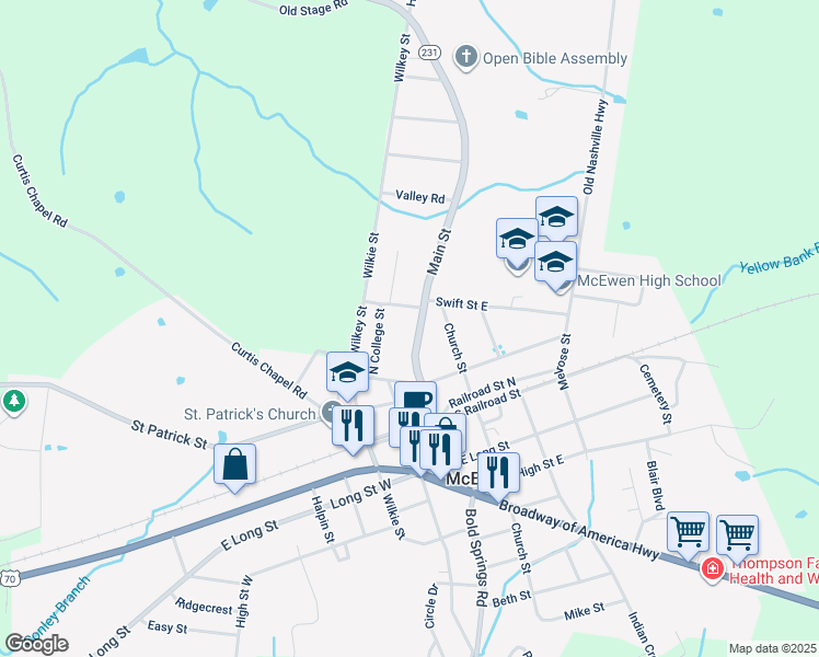map of restaurants, bars, coffee shops, grocery stores, and more near 383 Main Street in McEwen