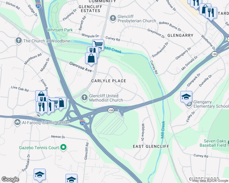 map of restaurants, bars, coffee shops, grocery stores, and more near 726 Dover Road in Nashville